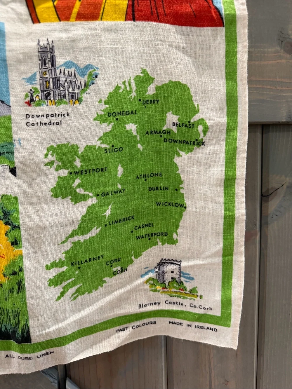Vintage Ireland Pure Linen Tea Towel Map Blarney Castle Bankmore Made in Ireland